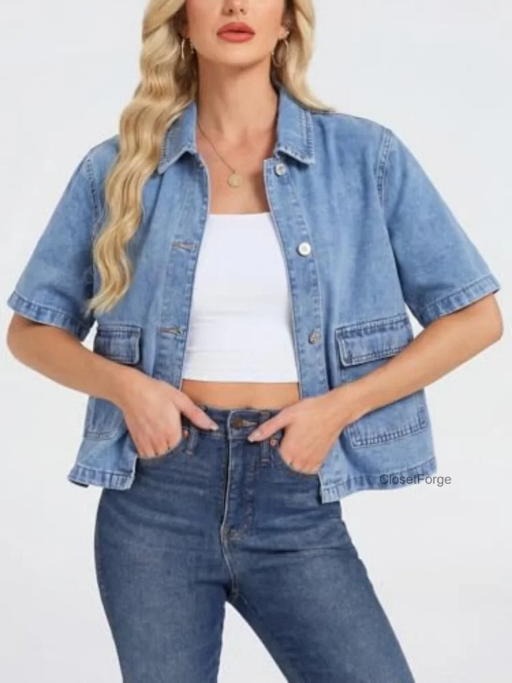 Short Sleeve Crop Denim Jacket Boxy Fit Collared Button Down With Pockets
